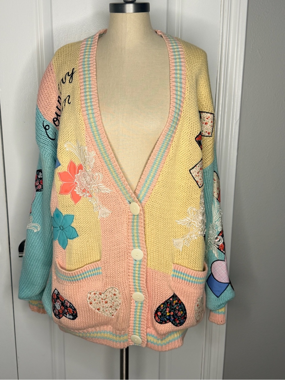 Vintage Absolutely No Jeans Patchwork Cardigan Sweater Hearts Quilt Cotton